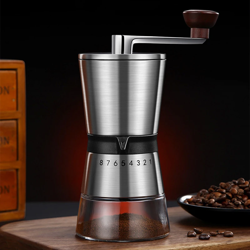 Burr Hand Grinder - เครื่องบดกาแฟมือหมุนแบบปรับได้ 8 ระดับ พร้อมใบมีดเซรามิก เครื่องมือบดกาแฟแบบพกพาสำหรับใช้ในบ้าน