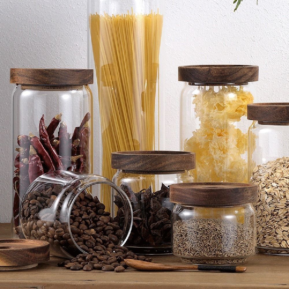 Coffee Tea Sugar Canister Set - โหลแก้วฝาไม้เอนกประสงค์สำหรับเก็บอาหาร เมล็ดกาแฟ กระปุกเก็บของแบบสุญญากาศ ใส หนา ทรงกลม
