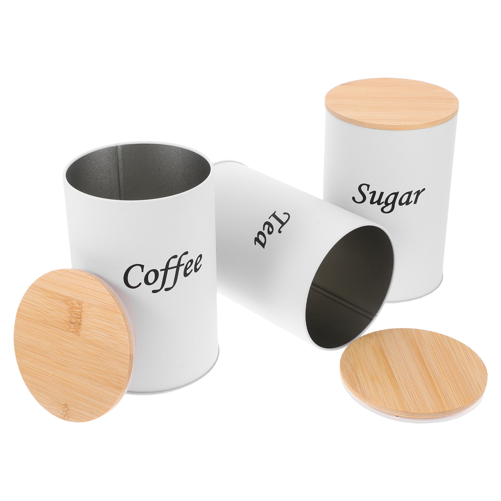 Coffee Tea Beans - กระป๋องทรงกลมสุญญากาศ 3 ชิ้น ตัวกระป๋องเหล็กชุบสังกะสี ฝาไม้ไผ่ สำหรับเก็บกาแฟ