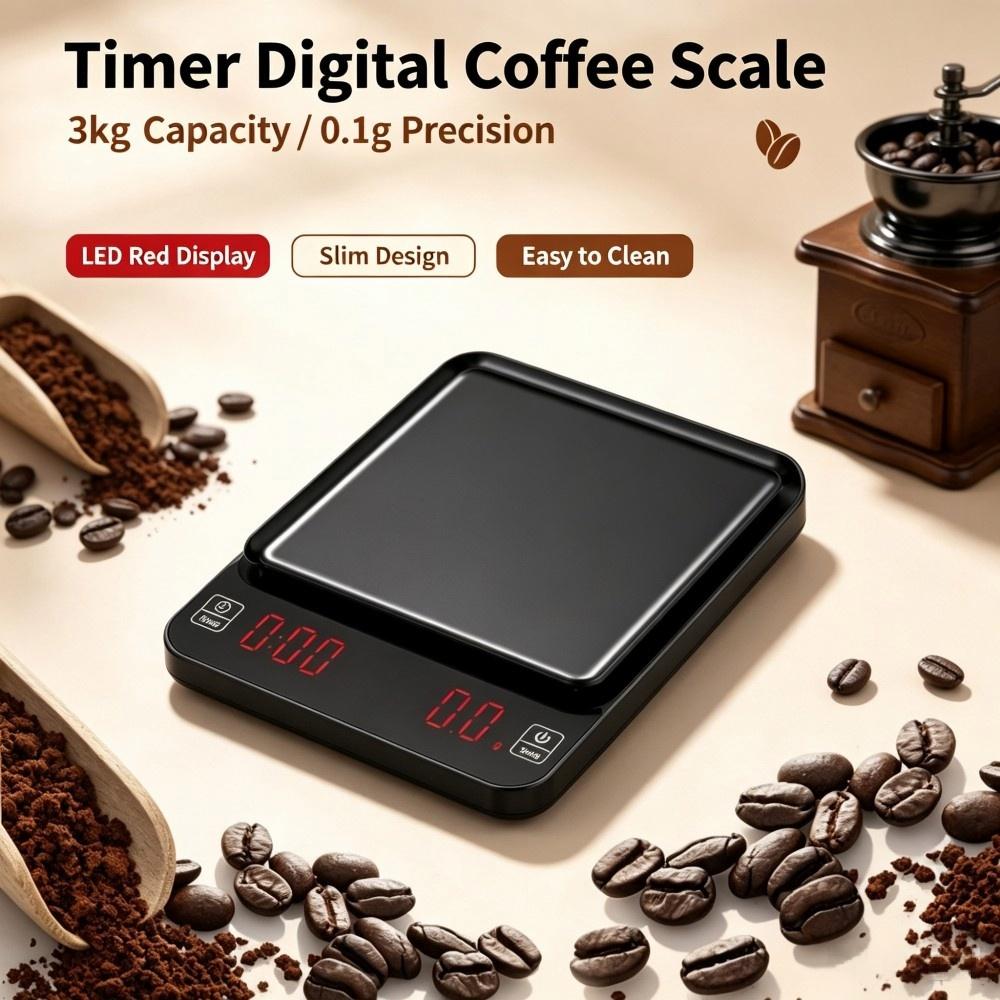 Coffee & Tea Difabis - เครื่องชั่งกาแฟดิจิตอลความแม่นยำสูง 3 กก./0.1 กรัม, เครื่องชั่งครัวแบบพกพาพร้อมไฟ LED,