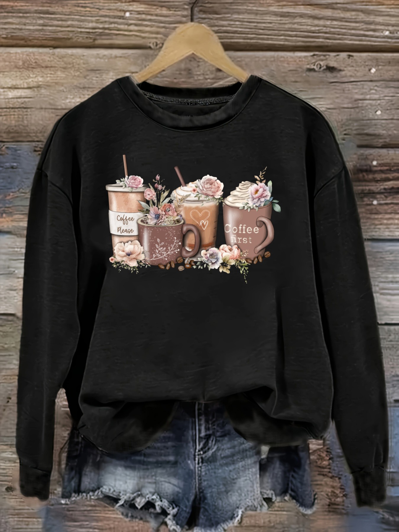 Coffee & Tea Difabis - เสื้อยืดแขนยาวคอกลมลายดอกไม้และแก้วกาแฟสำหรับผู้หญิง, เสื้อผ้าผู้หญิงคอกลม, ซักเครื่องได้, ยืดหยุ่นเล็กน้อย, ทรงหลวม, เสื้อยืดผู้หญิงสำหรับฤดูใบไม้ผลิ