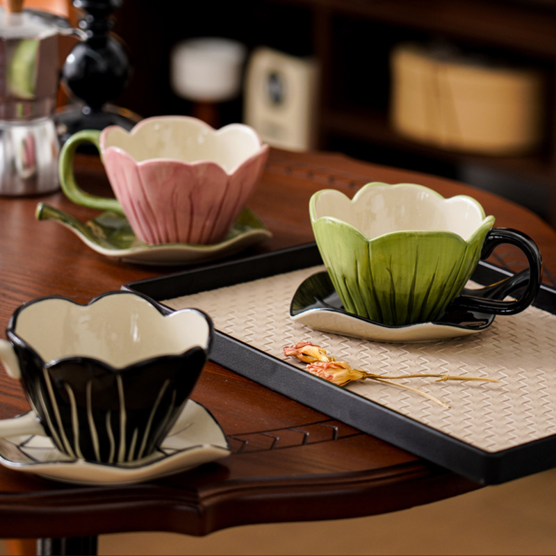 Coffee Tea And Leaf - ไม่สม่ําเสมอมือวาดถ้วยกาแฟชุดจานประณีตสํานักงานชายามบ่ายแก้วแฟชั่นดอกไม้แก้วเซรามิคใบแผ่น Drinkwar