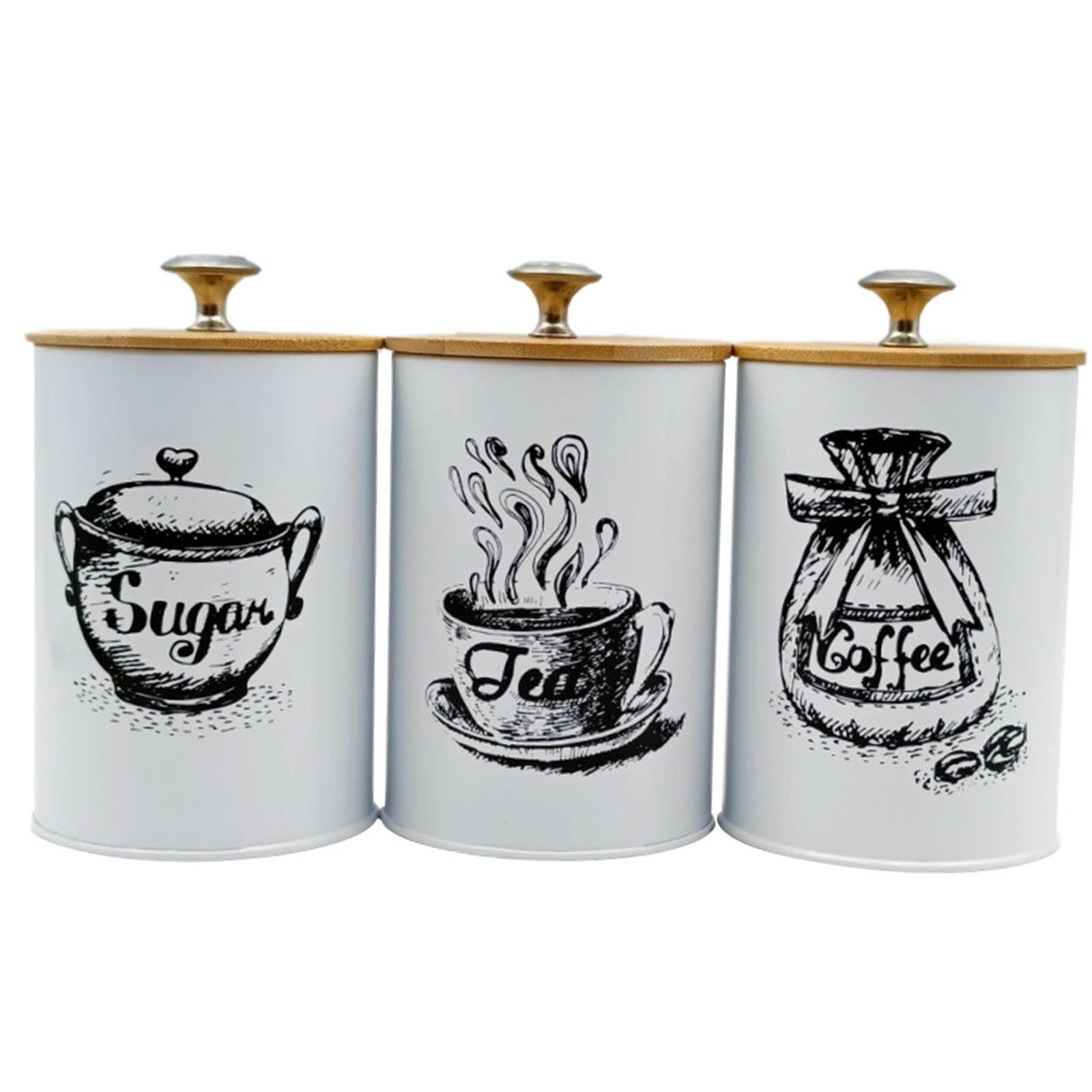 Coffee Tea Sugar Canister Set - ชุดโถเก็บกาแฟ ชา น้ำตาล อุปกรณ์จัดระเบียบครัว ภาชนะใส่เครื่องเทศ โถเก็บของทำจากไม้ไผ่และเหล็กพร้อมฝาปิดสำหรับใช้ในบ้าน