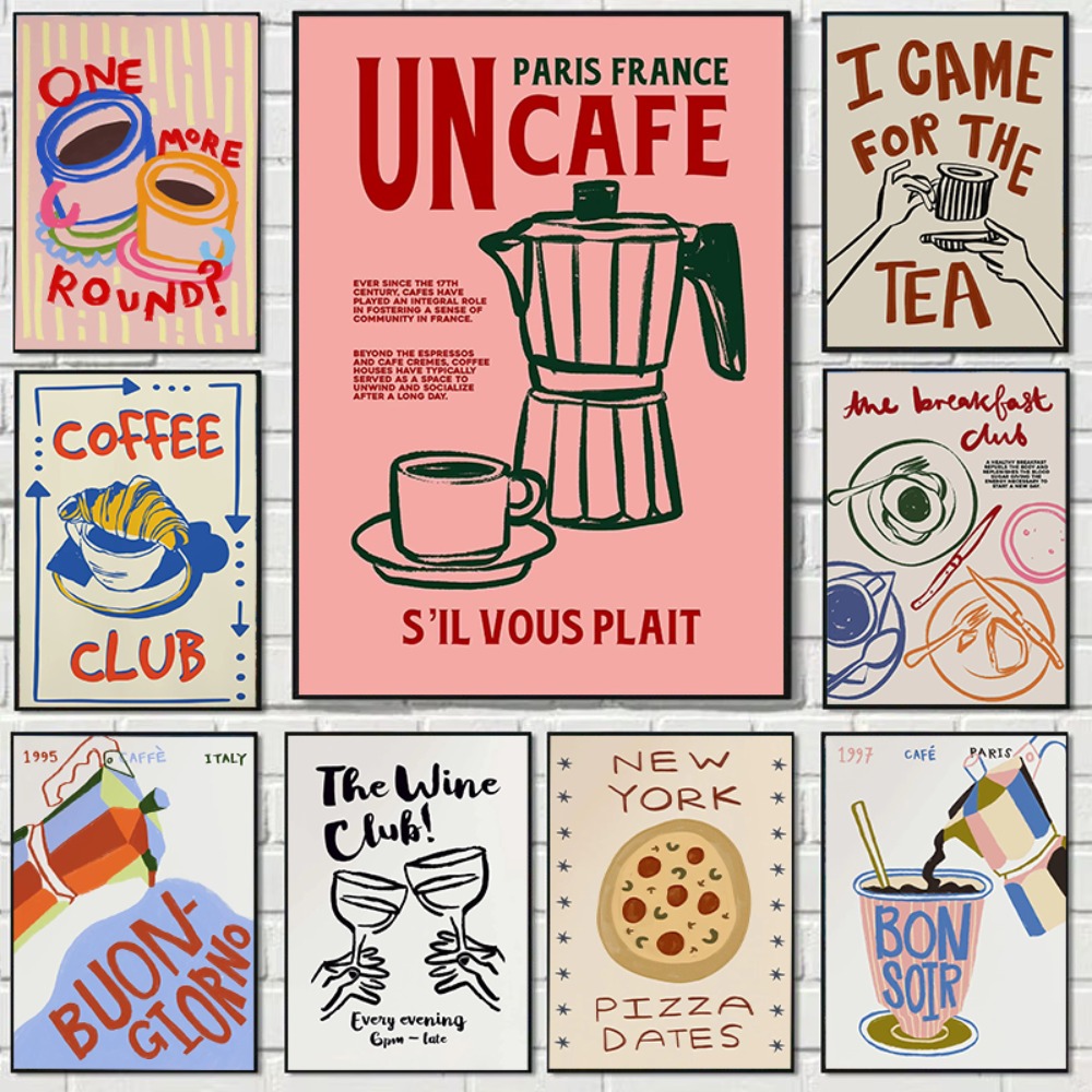 Coffee Tea Poster - ร้านกาแฟ ชุดน้ำชายามบ่าย ครัวซองต์ แก้วกาแฟหลากสี โปสเตอร์ย้อนยุค ภาพวาดบนผ้าใบ