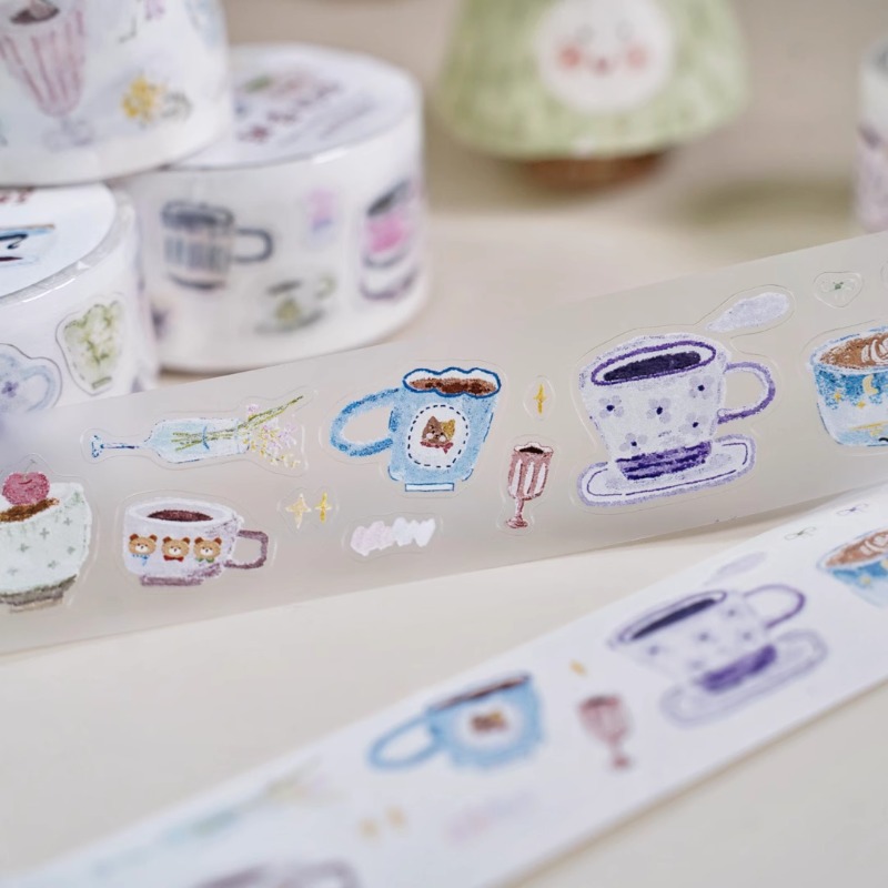 Coffee Tea Paper Cups - เทปตกแต่งลายแก้วกาแฟนมน่ารัก INS แบบไดคัท PET วashi Yupo