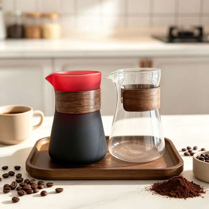 Coffee Tea Decanter - 1/2 ชิ้น โถแก้วสำหรับกาแฟพร้อมชั้นไม้ทนความร้อน, โถเทกาแฟและที่กรองชา, โถใส่กาแฟ, เครื่องชงกาแฟ