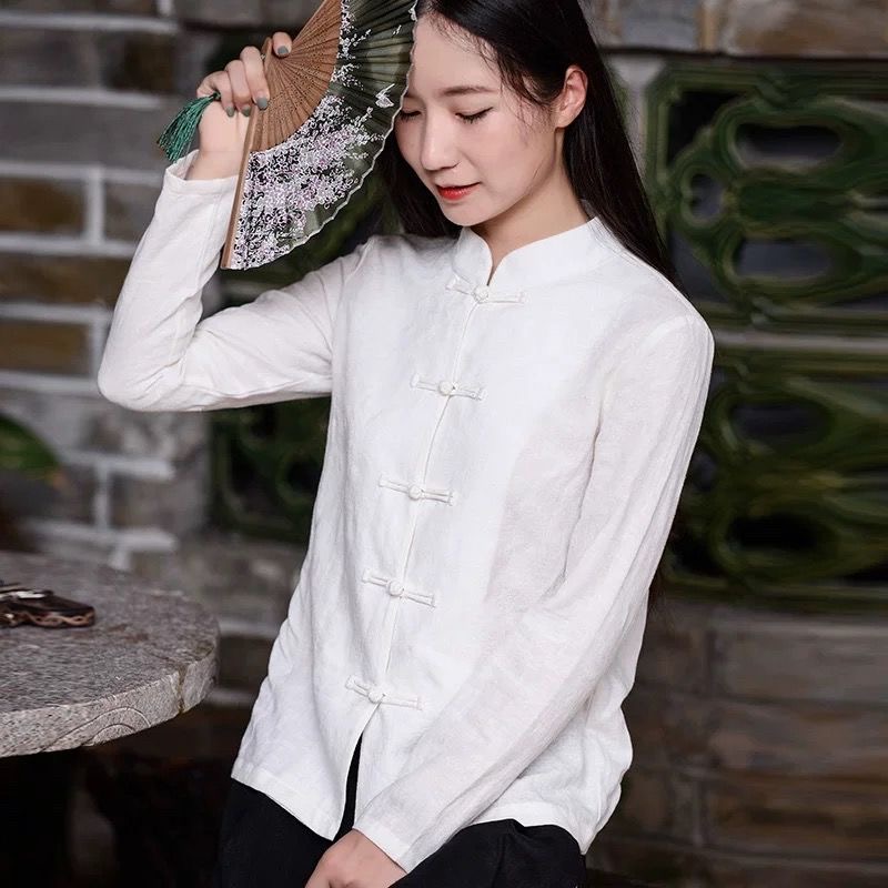 Tea & Coffee Quận 1 - เสื้อคลุมผู้หญิงสไตล์จีนย้อนยุค ผ้าฝ้ายลินิน ติดกระดุม แบบลำลอง สำหรับฤดูใบไม้ผลิและฤดูใบไม้ร่วง เหมาะสำหรับพิธีชงชาแบบเซน