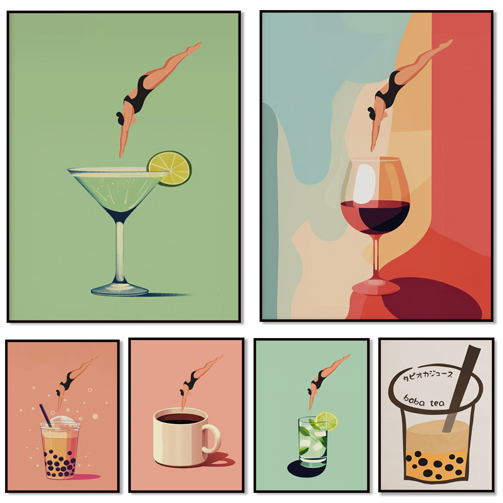 Coffee Tea Poster - ศิลปะบนผนังไวน์, จินและโทนิค, ศิลปะบนผนังกาแฟ, ศิลปะชาฟอง, ศิลปะความงามยุค 70,